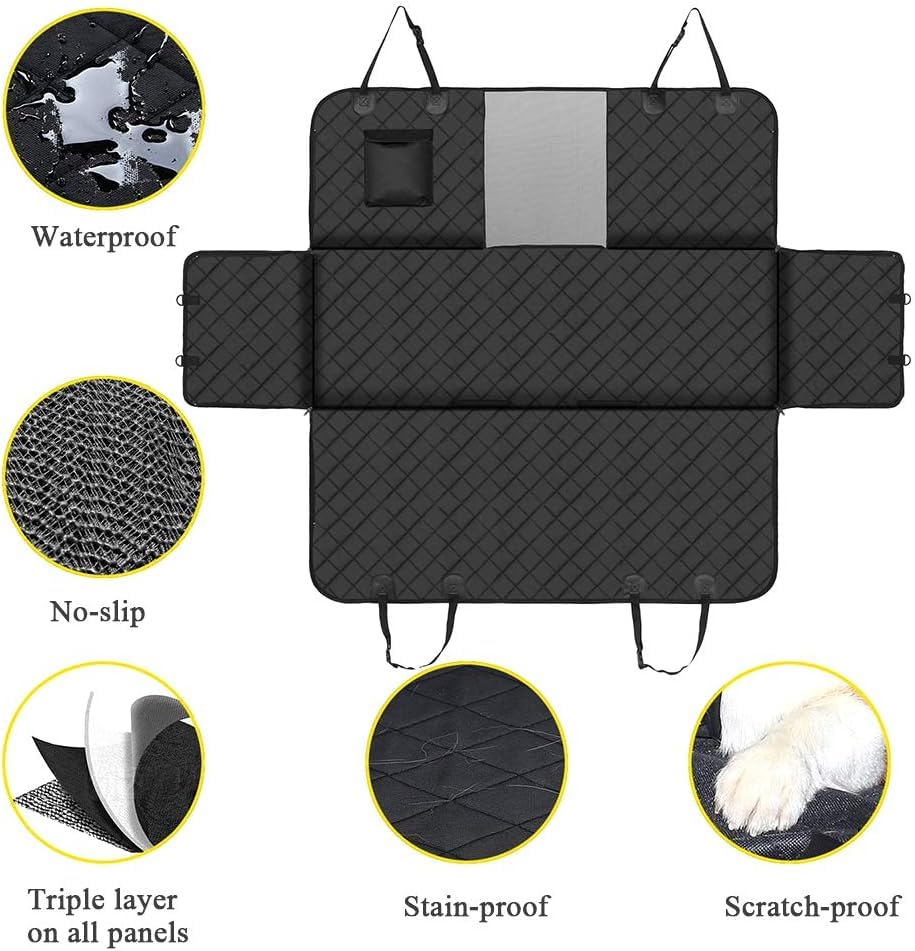 Image of Premium Dog Car Seat Cover for Back Seat - Waterproof, Scratchproof, Quilted Hammock with Mesh Window & Side Flaps - Universal Fit for SUVs & Sedans (Large, Black)