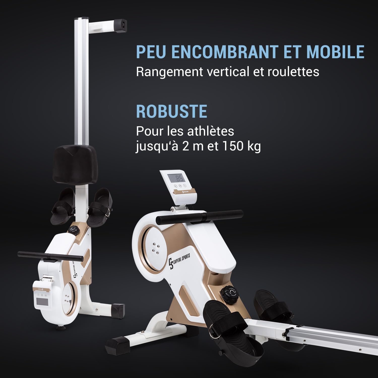 CAPITAL SPORTS Stream M1 - Rameurs d'appartement, Rameur Professionnel : entraînement très Efficace, résistance magnétique à 8 Niveaux, Rail en Aluminium de 105 cm