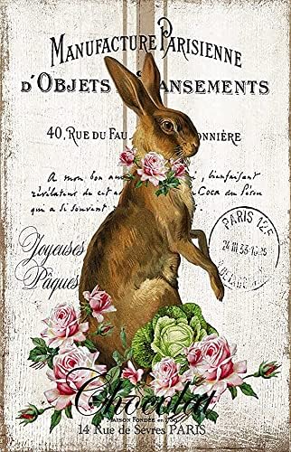 Standing Rabbit on French Writing Vintage Tin Sign Novelty Funny Home Family Friend Gift Bathroom Courtyard Bar Pub 8x12 Inch