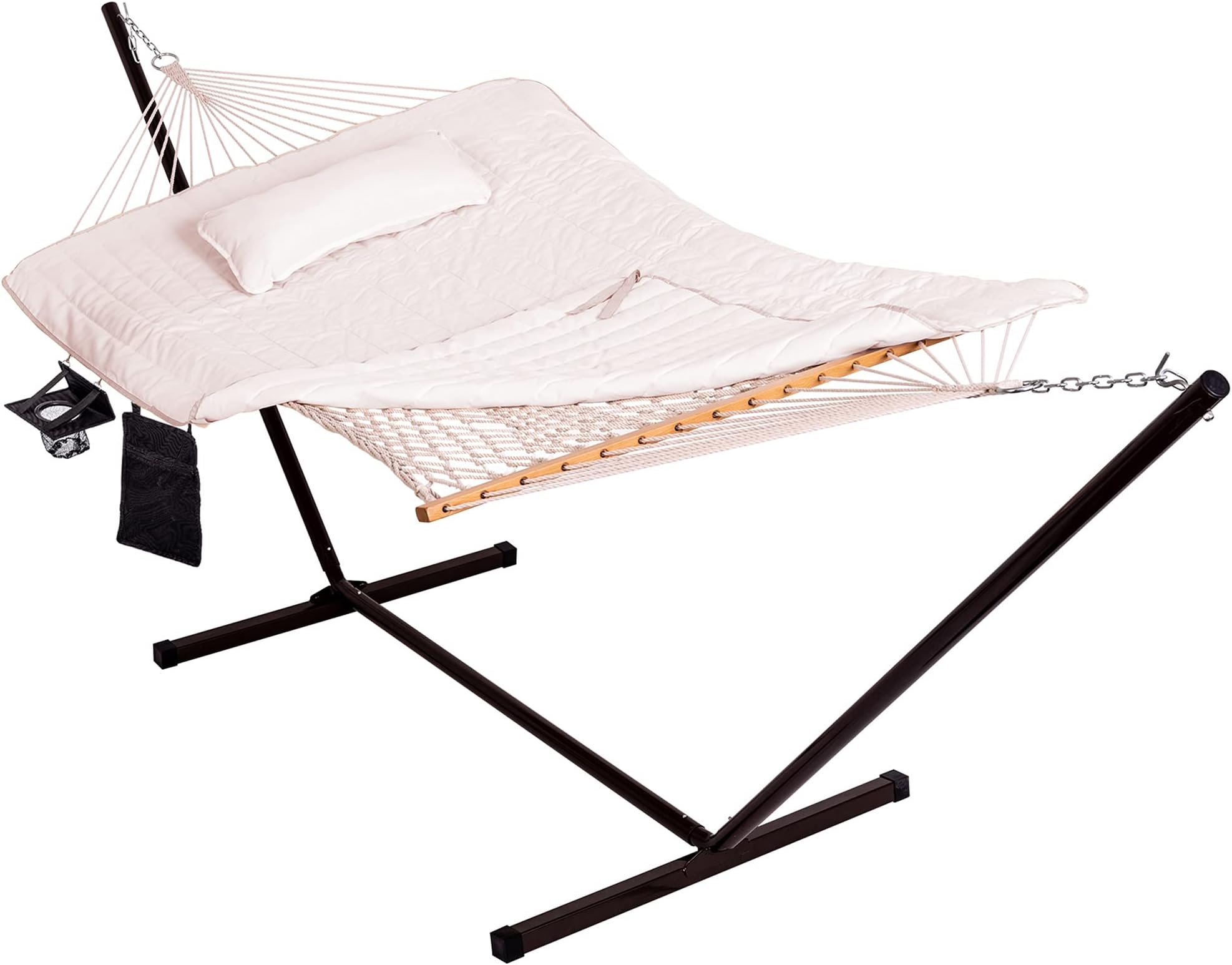 Lazy Daze Hammocks Double Outdoor Hammock with 12FT Steel Stand, 2 Person Cotton Rope Hammock with Quilted Pad, Spreader Bars, Detachable Pillow, Mag Bag & Cup Holder, Beige