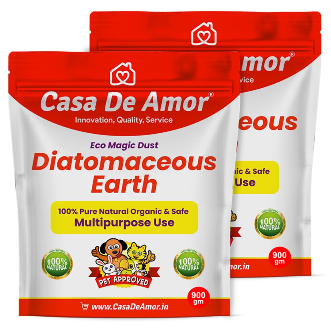 Casa De Amor Diatomaceous Earth Powder 1800 gm – 100% Natural & Organic Pest Control | Flea & Tick Control for Dogs | Deters Bed Bugs, Ants, Cockroaches | Pet Safe, Odor-Free Home & Garden Protection (2 Packs of 900 gm)
