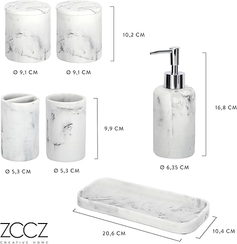 Vista 31 de ZCCZ Juego de accesorios de baño blanco de 6 piezas, soporte para cepillos de dientes, dispensador de loción, recipiente Qtip, bandeja de tocador