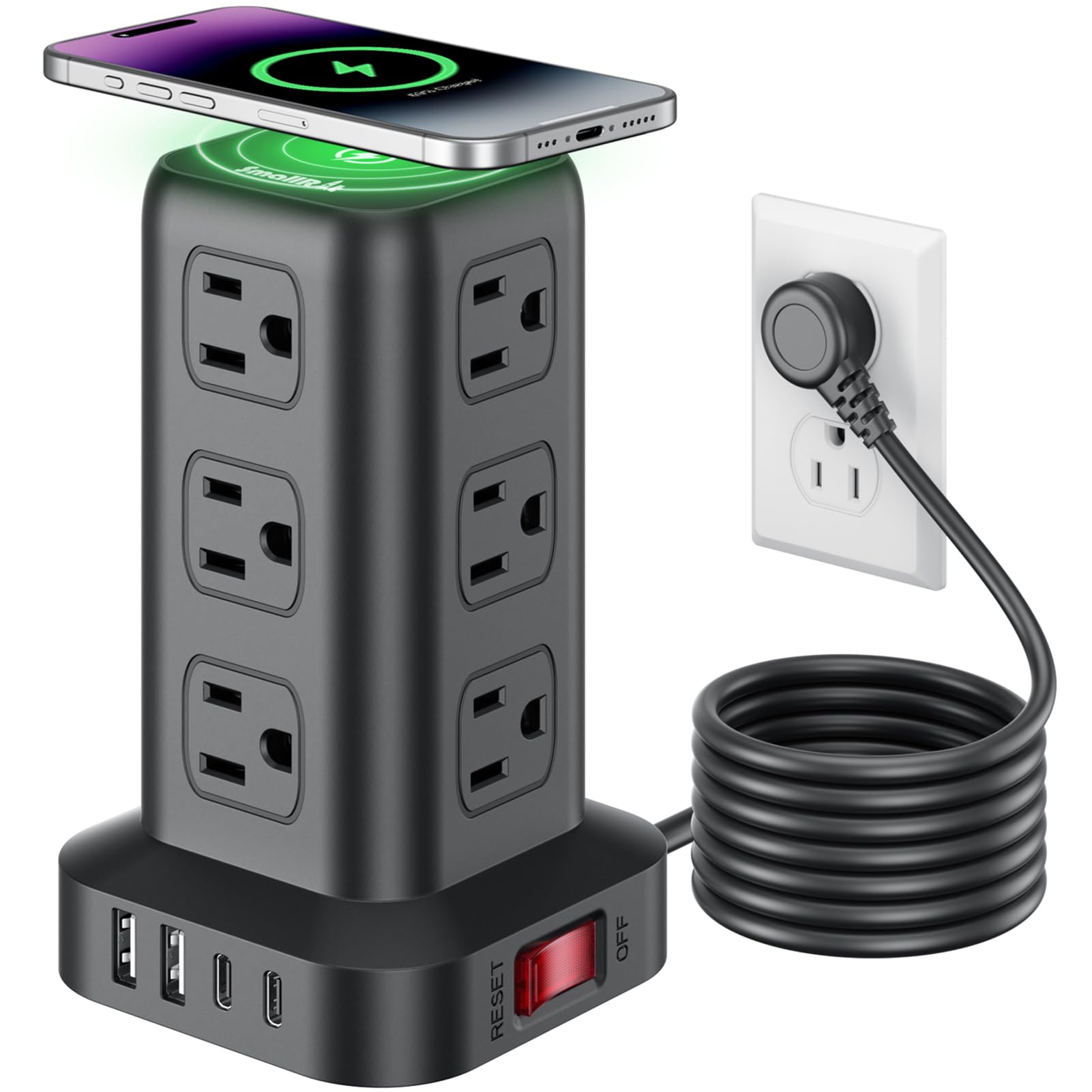 Extension Cord with Multiple Outlets, SMALLRT Power Strip Tower, Outlet Extender with 12 AC Outlets 4 USB, 6.5FT Extension Cord for Home Dorm Room, Office Supplies, Overload Protection