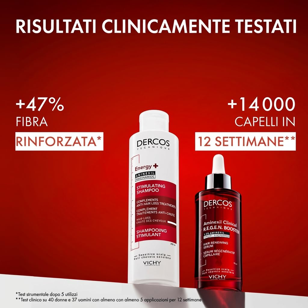 VICHY Dercos Routine Anti-Chute Cheveux, Shampooing Stimulant Energy+ 200ml & Sérum Aminexil Clinical R.E.G.E.N. Booster 90ml, +14 000 Cheveux, Lot de 2 Produits