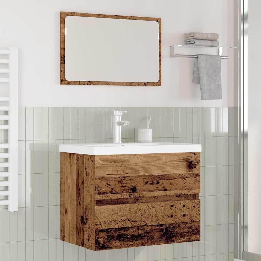 Juego de muebles de baño de madera recuperada, 61 x 39 x 45 cm, con lavabo y espejo, 2 cajones, mueble de baño, soporte de madera, diseño moderno para pequeños baños e invitados