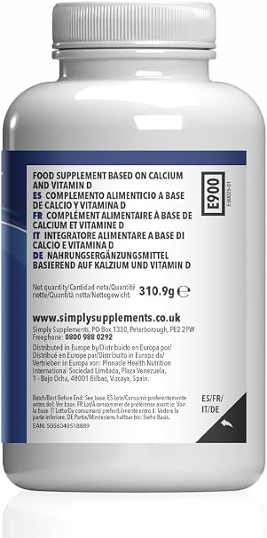 Calcium 500 mg & Vitamin D3 200 IU Healthy Bones & Teeth Contributes to Normal Muscle Function Suitable for Vegetarians & Vegans 180 Tablets  3 Months Made in the UK
