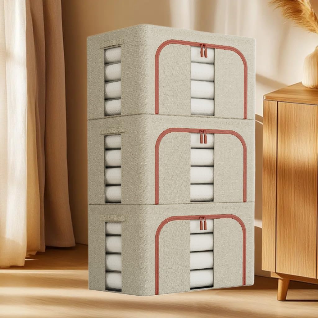 Aufbewahrungsboxen aus Stoff, 100 l, beige, 3 Stück mit Metallrahmen, faltbare Stoffkörbe für Kleidung, stapelbare Öffnungen, Stoff-Aufbewahrungsbehälter mit Deckel, transparente Fenster