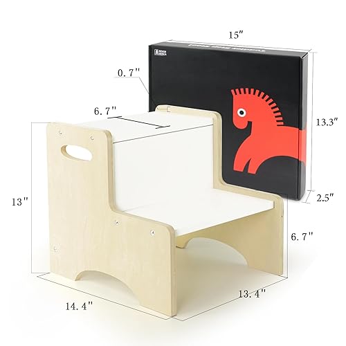 Miniatura 8 de WOOD CITY Taburete para niños pequeños, taburete de madera natural blanco de dos pasos para niños con asas, almohadillas antideslizantes adicionales