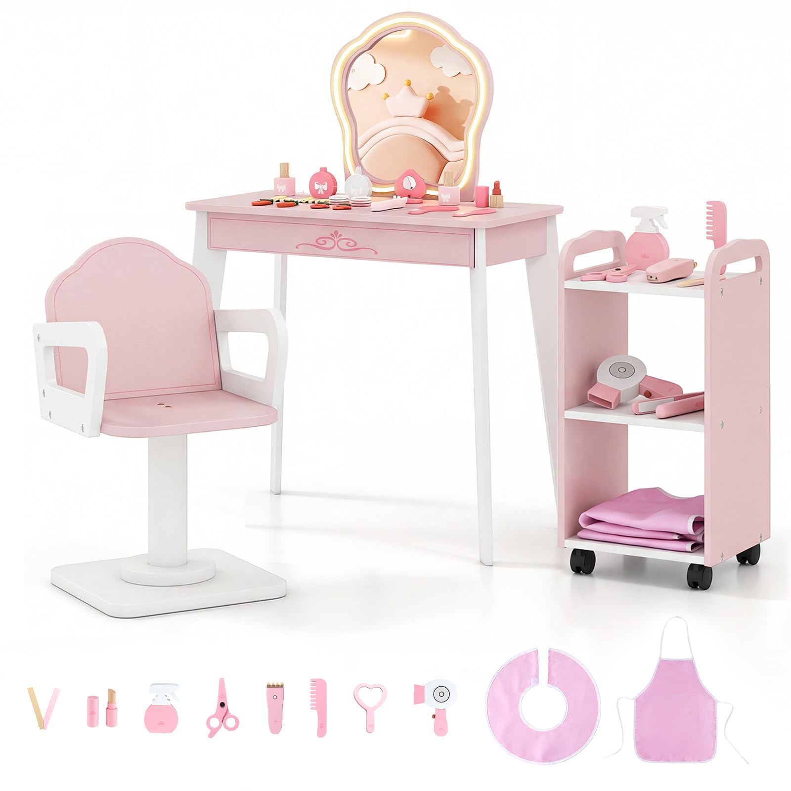 COSTWAY Kids Vanity Set, Girls Dressing Table with Lighted Mirror, Swivel Barber Chair, Rolling Cart, 10 Accessories, Wooden Toddler Makeup Table and Chair Hair Salon Play Set for Playroom Kids Room
