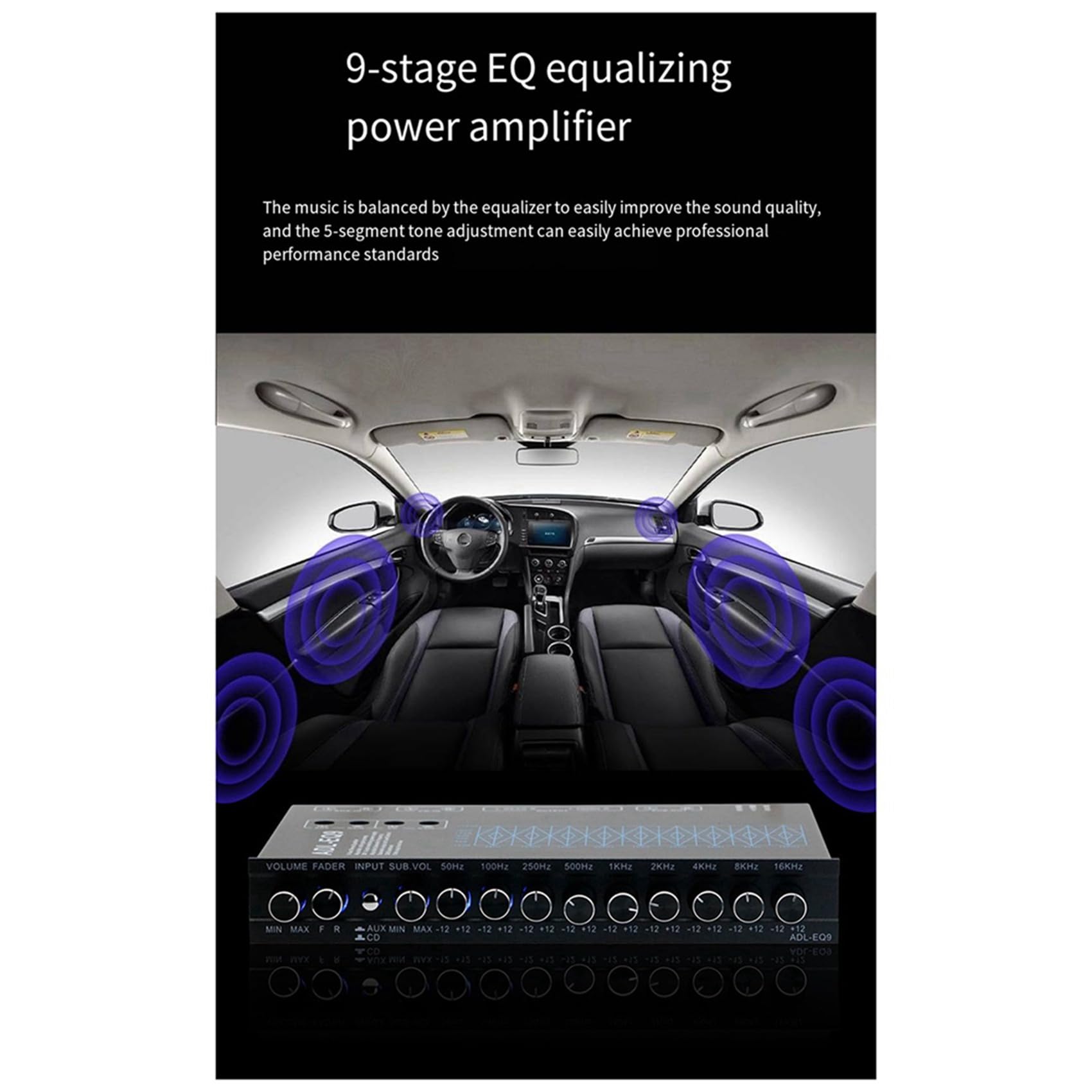 2X Auto Square Ecualizador GráFico de 9 Bandas Audio Digital para AutomóVil -EQ9 Ecualizador de Amplificador para AutomóVil de Serie + Filtro Ajustable