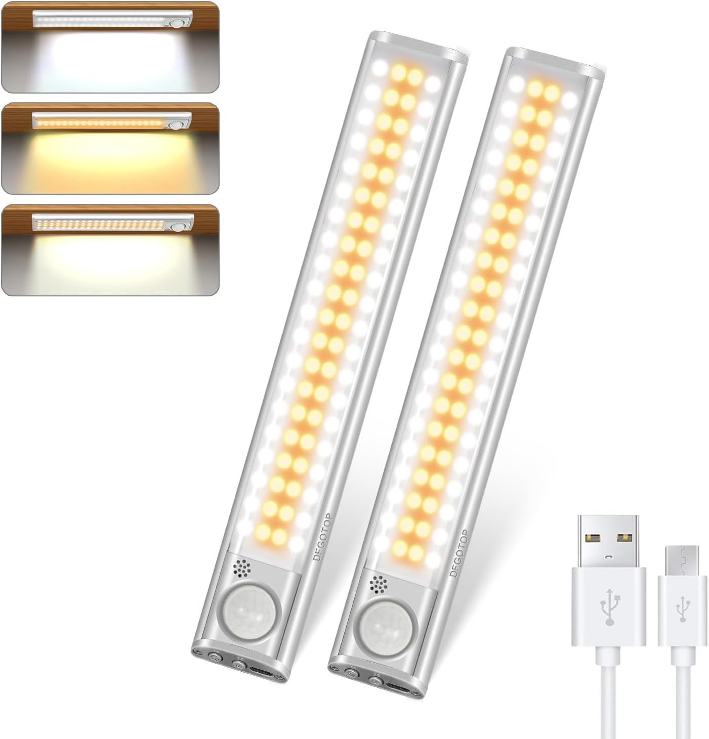 DFGOTOP Luce Armadio LED con Sensore di Movimento, lampada led Ricaricabile Senza Fili con Striscia Magnetica Adesiva, Lampada Notturna Magnetico USB Per Scale (80LED-22CM-2)
