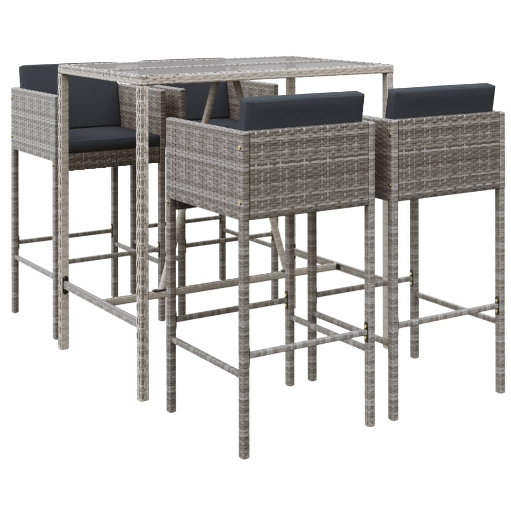 Homgoday Hochtisch und Hocker für den Garten, 5 Teile und Kissen, PE-Rattan, Grau, Set mit Stehtisch und Hockern, Frühstück, Möbel, Bar, Esszimmer, Küche, Möbel, Haus, funktional, Terrasse,