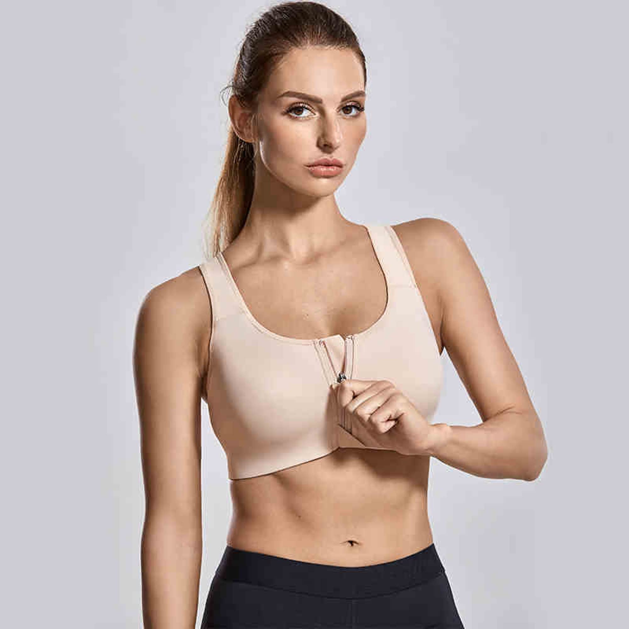 Damski biustonosz z zamkiem błyskawicznym z przodu, biustonosze sportowe wyściełany sen wysokie wsparcie wsparcie joga bralette, rekreacyjne rozciągliwe crop topy kamizelka (kolor: odcień skóry, rozmiar: 70D)