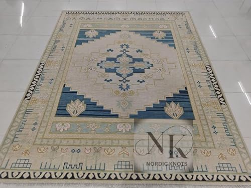 Handwoven Wool Area Rug Aqua Blue & Cream Geometric Design