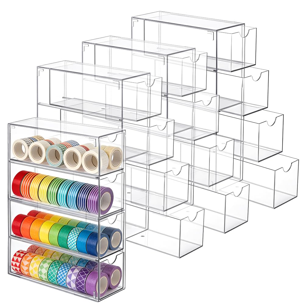 NBEADS 4 Pcs Organisateur de Ruban Adhésif Décoratif en Acrylique, Porte Ruban Adhésif Tape avec 4 tiroir Coulissant Boîte de Rangement pour Accessoires de Bureau, 17.5x6.4x24.6cm