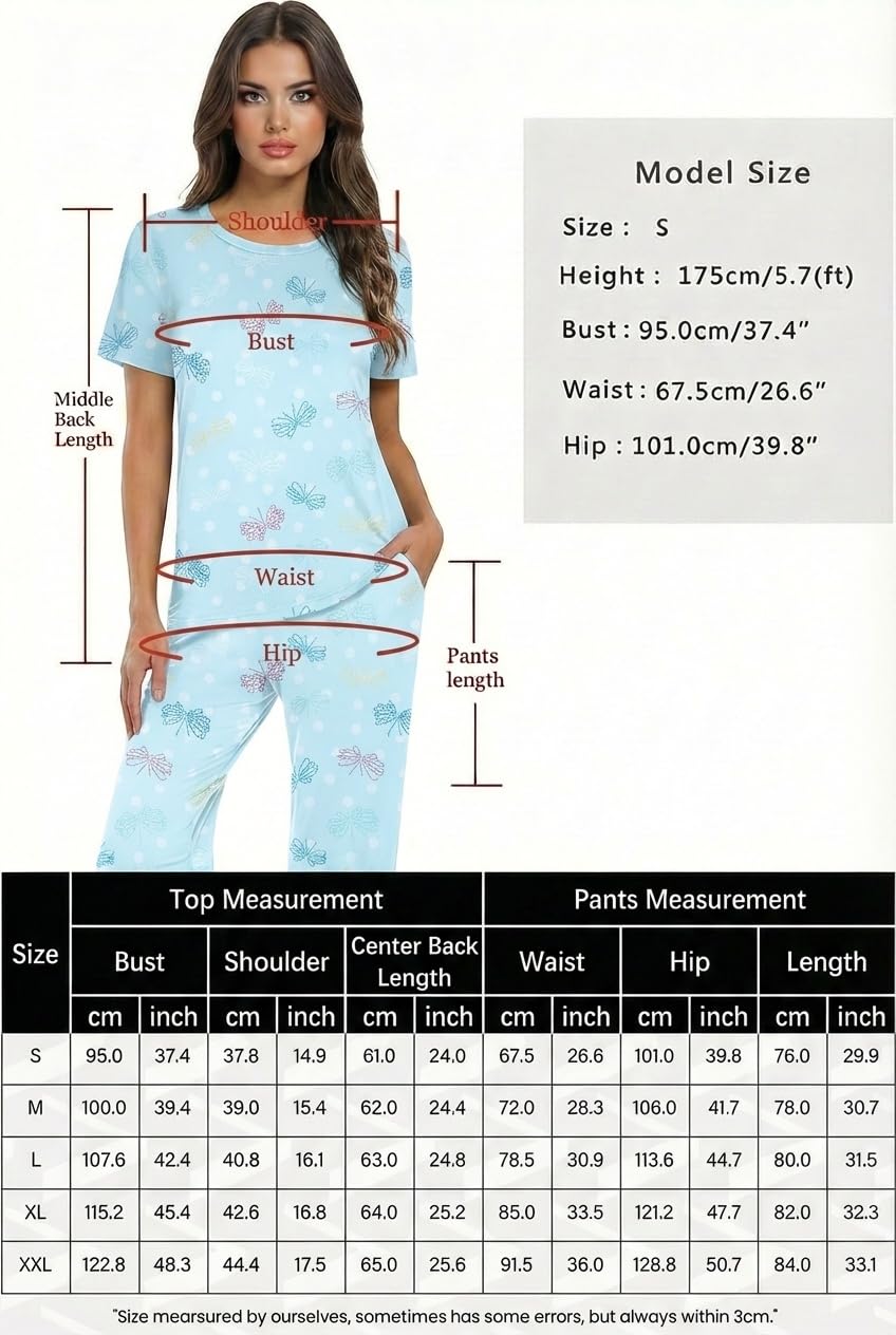 Ekouaer Pigiama Set Estate Donne Due Pezzi Manica Corta Top 3/4 Pantaloni, S-XXL