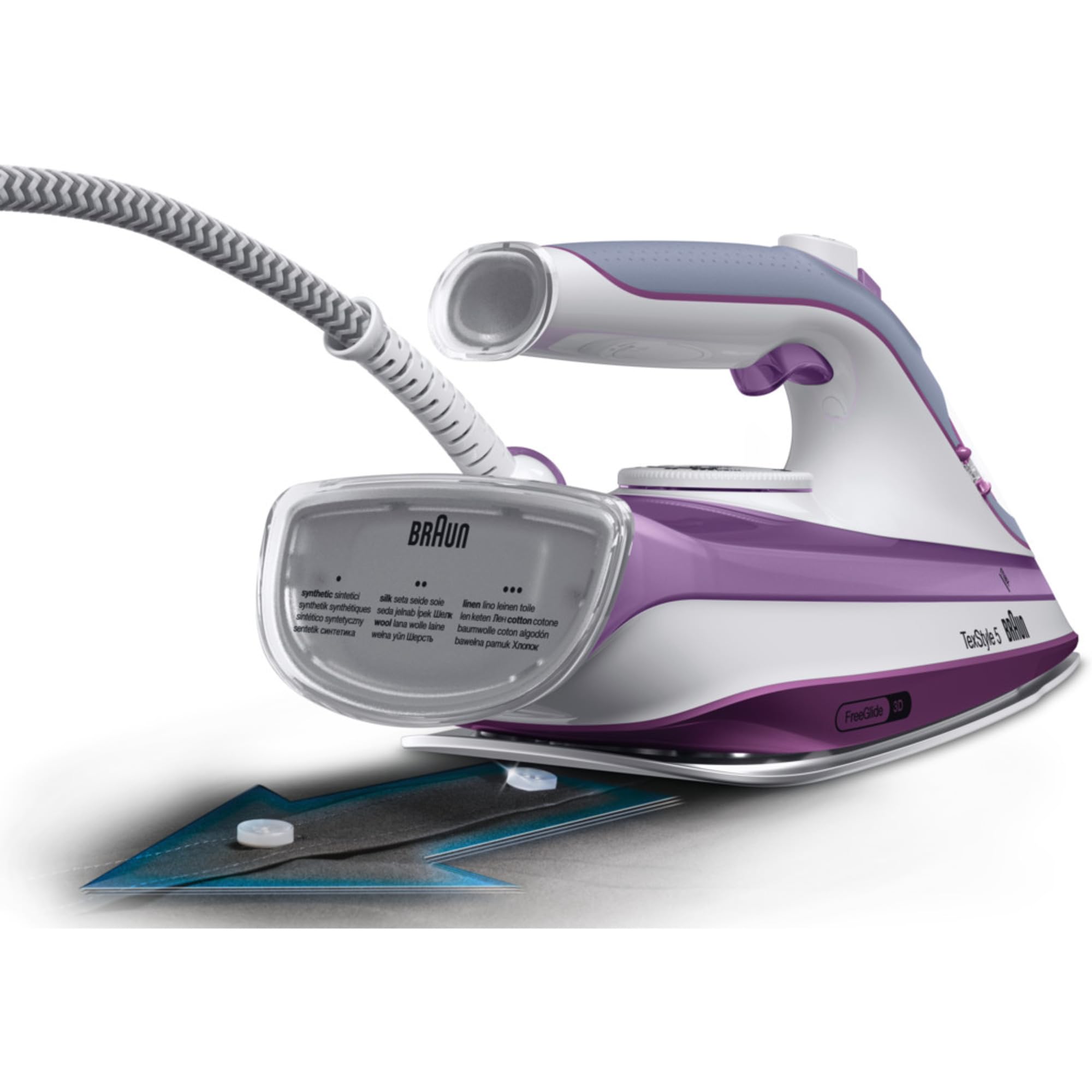 Braun TexStyle 5 SI 5037 VI żelazko parowe z stopą żelazka 3D Freeglide, pionowa para, 2700 W, uderzenie pary 200 g/min, zbiornik na wodę 330 ml, fioletowe