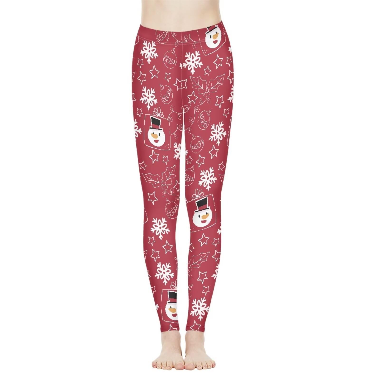 Biyejit Red Christmas Leggings for Women, Soft High Waisted Tummy Control Workout Yoga Pants, Snowman Snowflake