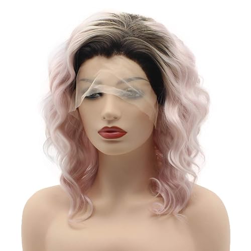 Miniatura 3 de Peluca de cabello rizado corto de 14 pulgadas con raíces oscuras, color rosa degradado, peluca sintética de alta densidad con encaje frontal