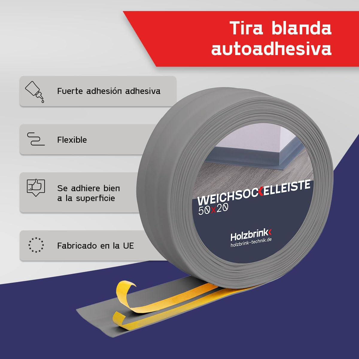 HOLZBRINK Rodapie PVC adhesivo 50x20mm, 25 m | Rodapie flexible para encimera cocina, esquineras pared de baño | Cantoneras adhesivas | Color: gris claro