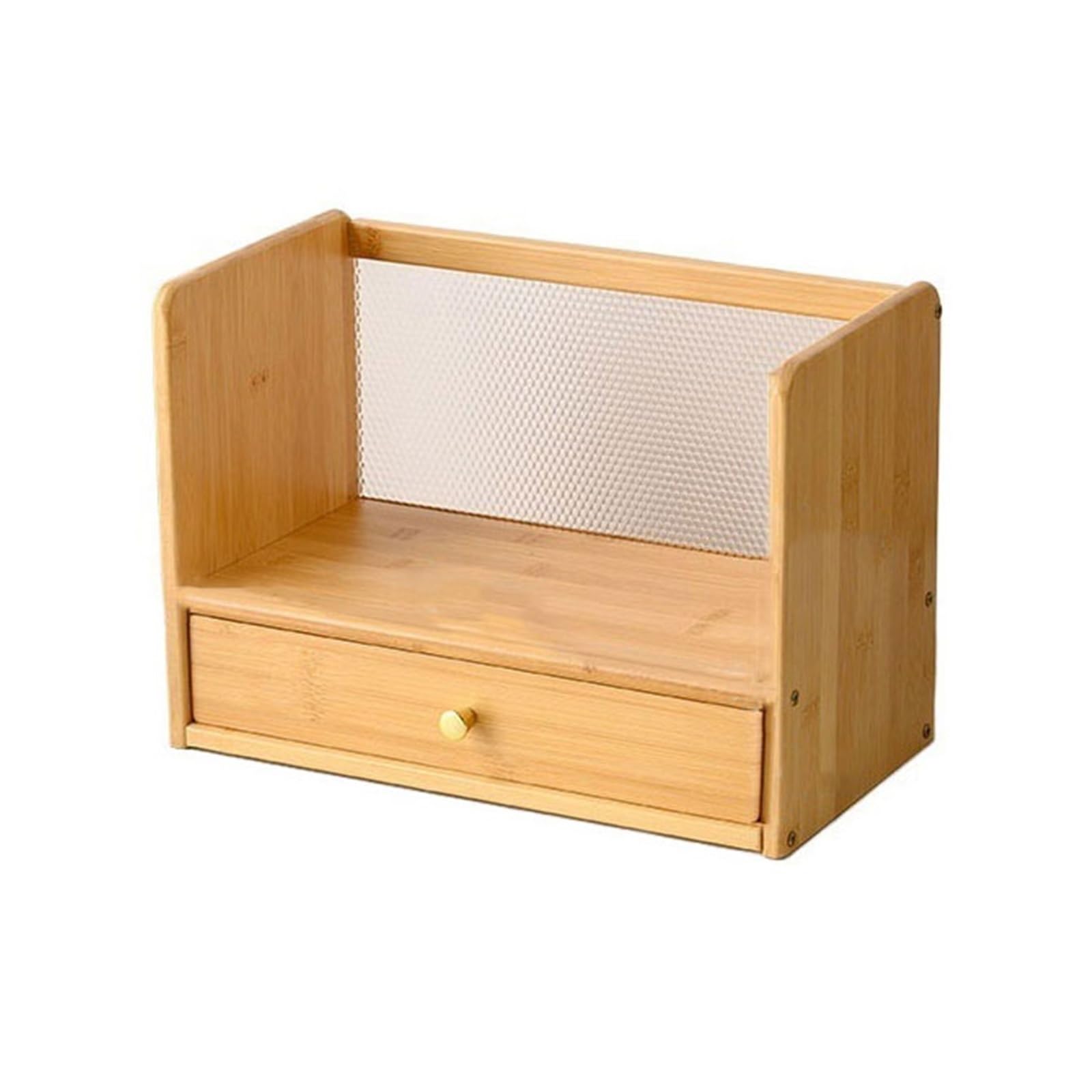 Shihan-2015 Bookcase Desktop Bamboo Bookshelf with Diamond Pattern Acrylic Back Panel and Drawer Storag Rack Display Shelf
