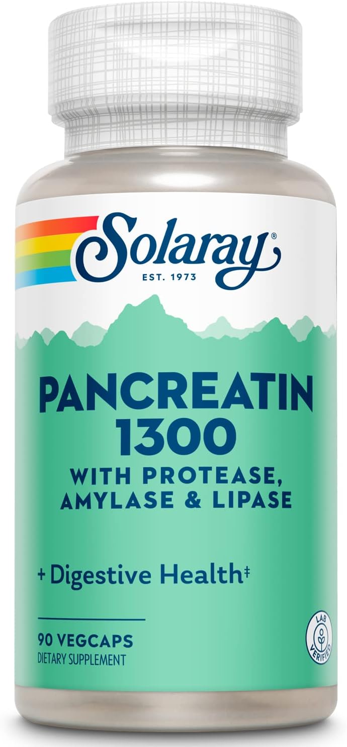 SOLARAY Pancreatin 1300, Pancreatic Digestive Enzymes with Protease, Amylase and Lipase, Plus Papain - Digestion Health Support, Lab Verified, 60 Day Guarantee, 90 Servings, 90 VegCaps
