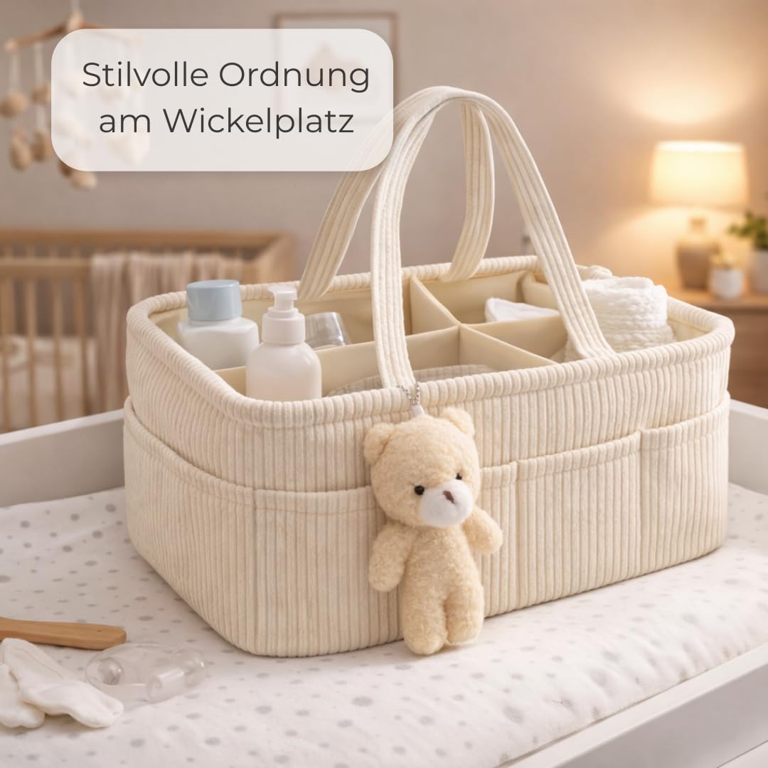Generisch Wickelkorb Cord Beige - Wickelorganizer für Babys – Aufbewahrungskorb für Windeln, Feuchttücher und Babyartikel – Perfektes Baby Geschenk, Organizer für Wickeltisch und Wickeltasche