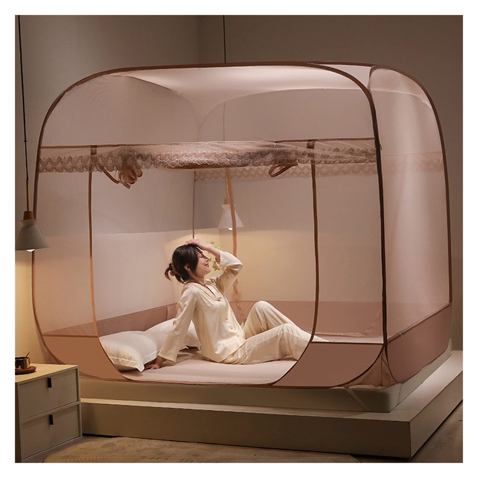 DXTFDHB 4 Corner Post Bed Canopy Curtain Bed Netting Full Size Elegant Bed Canopies Drapes(Brown,150 * 200cm)