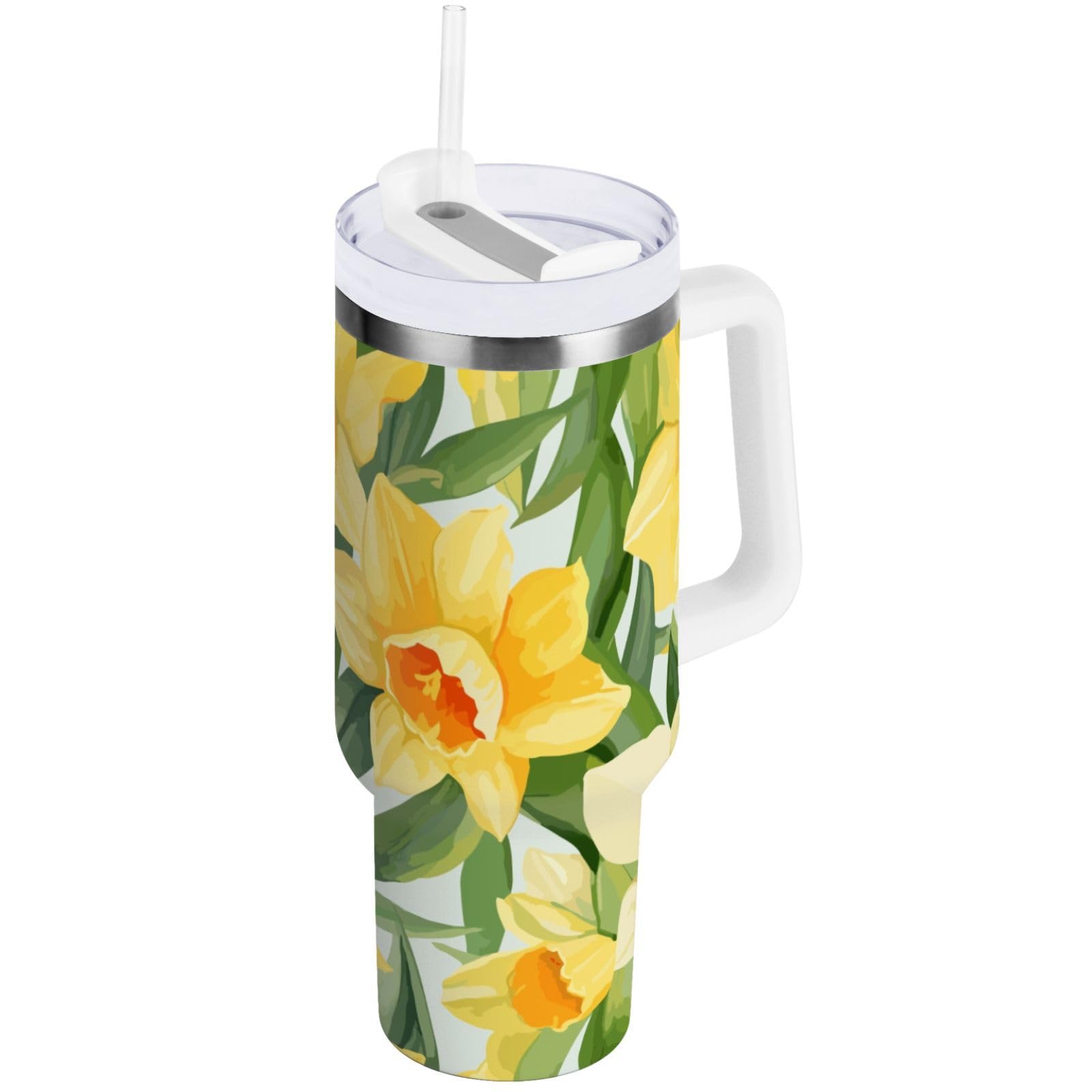Mnsruu Tumbler with Handle, Straw Lid 30 oz Yellow Daffodil Plant Insulated Stainless Steel Water Bottle Coffee Travel Mug 0.89L