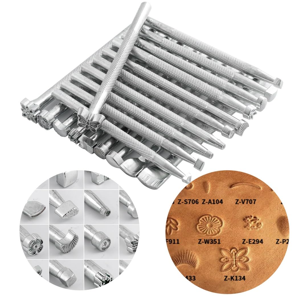 Lot de 20 poinçons pour cuir en acier inoxydable, outil de frappe pour loisirs créatifs, tampons de gravure pour cuir, pour motifs de fleurs, feuilles, papillons et plus