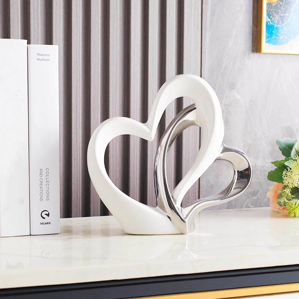 ODMYZG Double Heart Ornament,Double Heart Ceramic Statue,Home Decoration sculpture,Creative Home Modern Gift Office Living Room Decoration Collection Souvenir,Gift.