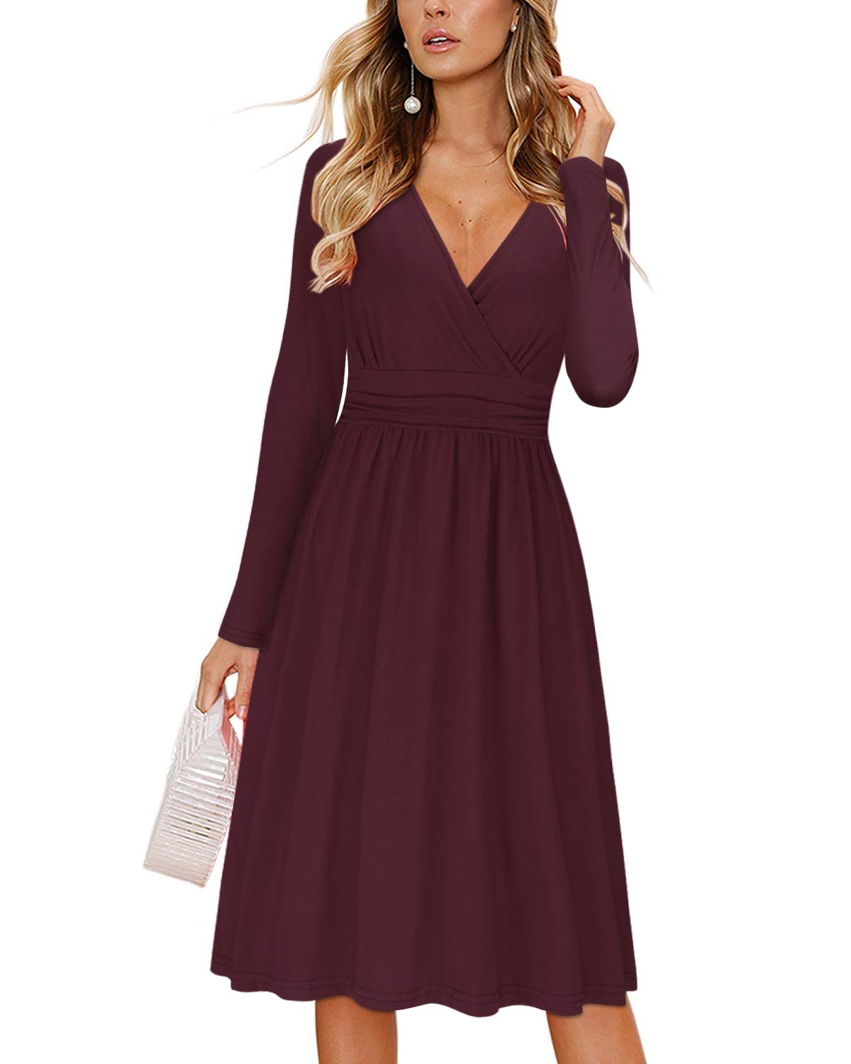 OUGESWomen's Midi Dress Long Sleeve Wrap Dresses for Women V-Neck Ladies Casual Dress with Pockets Autumn Winter