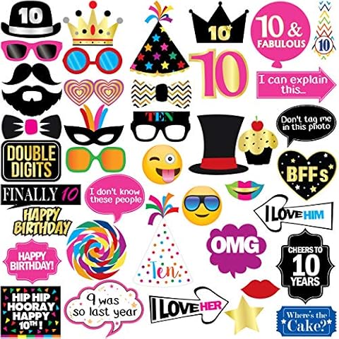 10th Birthday Photo Booth Party Props - 40 Pieces - Funny 10th Birthday Party Supplies, Decorations and Favors Cover