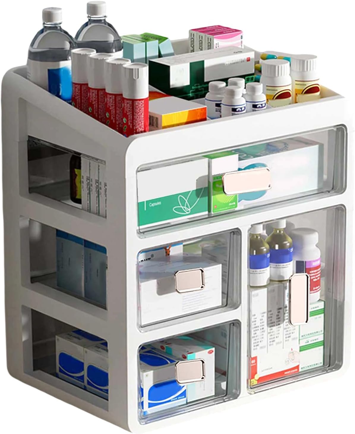 Zjyufy Desk Organiser with 4 Clear Drawers, Medicine Storage Box & Desktop Storage Drawer for Makeup Skincare Jewellery, Stackable Dressing Table Tidy for Home Office Bathroom