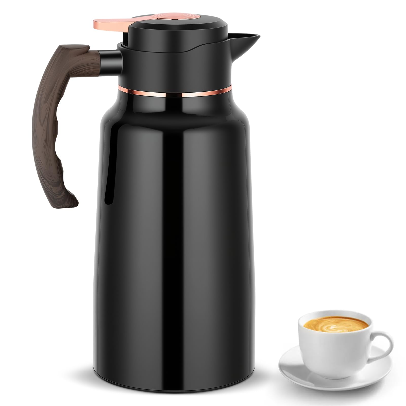 2 Litre Insulated Coffee Jug & Thermal Carafe, Stainless Steel Vacuum Flask with One-Touch Lid for Long-Lasting Heat & Cold Retention, Ideal for Coffee, Tea, Milk at Home, Office or Outdoors (Black)
