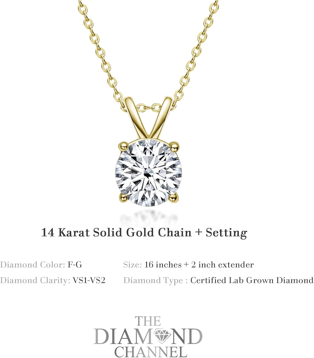The Diamond Channel Certified LAB GROWN 0.25-2.00ct Diamond Necklace for Women, 14 Karat Solid Gold 4-Prong Necklace, Gold Diamond Necklace For Women (F-G Color, VS1-VS2 Clarity) (yellow-gold, 1.00 cttw)