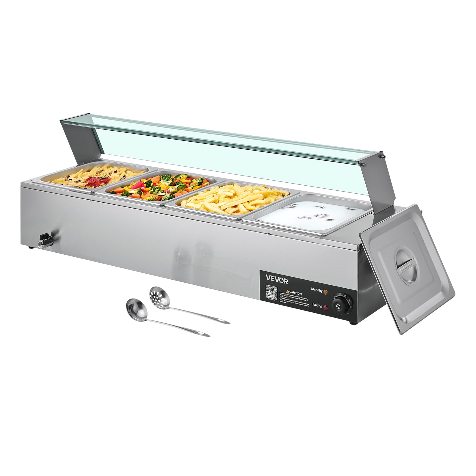 Photo 1 of VEVOR Commercial Food Warmer, 1500W Electric Stainless Steel Steam Food Warmer with Glass Cover, 4-Pan Countertop Buffet Bain Marie with Soup & Perforated Ladles, for Catering, Restaurant & Party