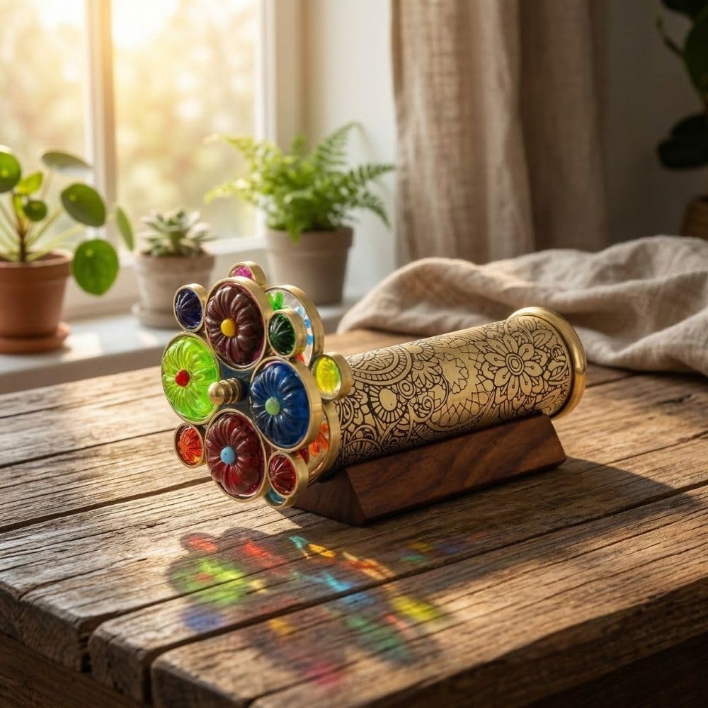 RII Handcrafted Etched Floral Pattern Lacquered Brass Kaleidoscope