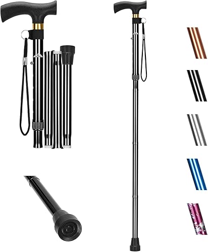supregear Bastón plegable, bastón plegable de aluminio de altura ajustable de 5 niveles, bastón plegable con mango en T y correa de muñeca