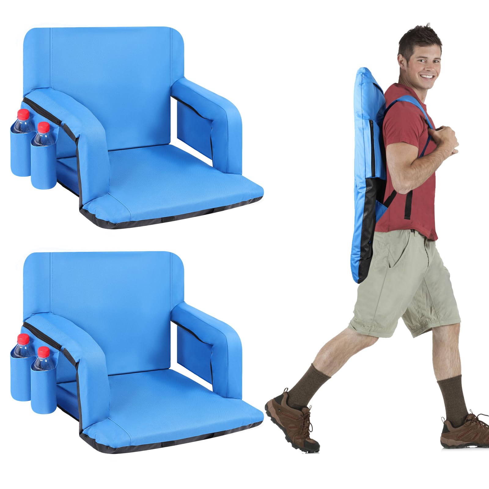 Photo 1 of 25 Inch Wide Stadium Seats 2 Pack, Bleacher Chairs with Back and Cushion, Reclining Bleacher Seat with Backrest, Stadium Chair Bleacher Cushion (Blue)