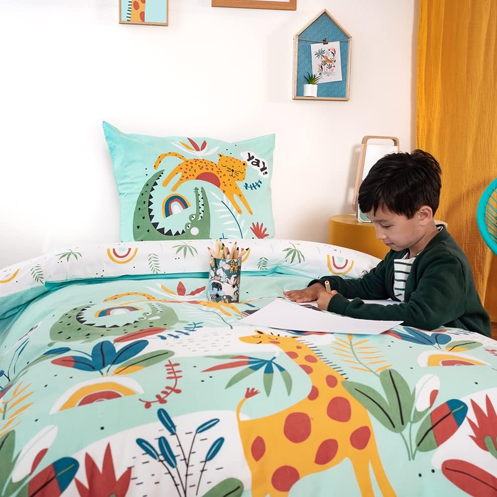 Juego de cama infantil reversible verde jungle funda nórdica de 140 x 200 cm + 1 funda de almohada de 63 x 63 cm, 100% algodón suavizado