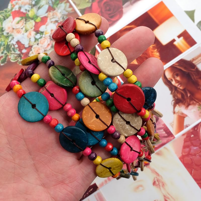 Amosfun Women Retro Bohemia Style Necklace Floral Coconut Shell Hand-Knitted Colored Coconut Shell Wooden Beads Beach Fashion Jewelry Pendant Charm4