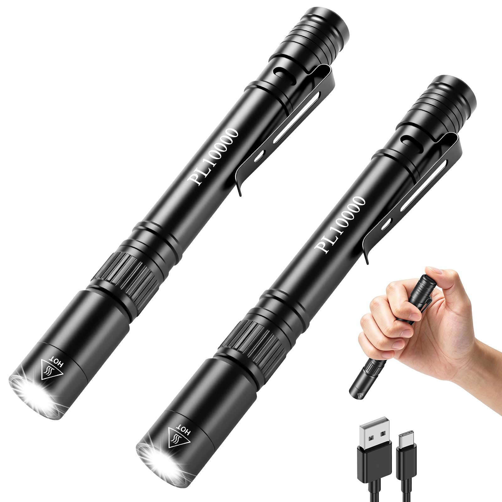 ATFIXM 2Pack Rechargeable Pen Light, Pocket Flashlight High Lumens PL10000