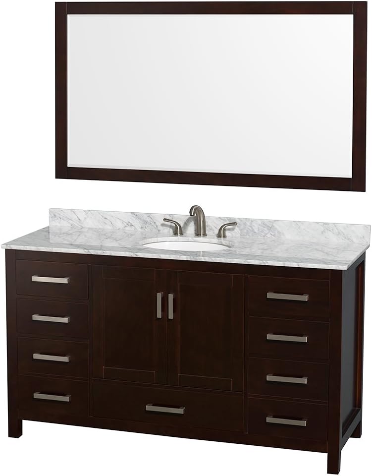 Wyndham Collection Sheffield 60 inch Single Bathroom Vanity in White, White Carrara Marble Countertop, Undermount Oval Sink, and 58 inch Mirror