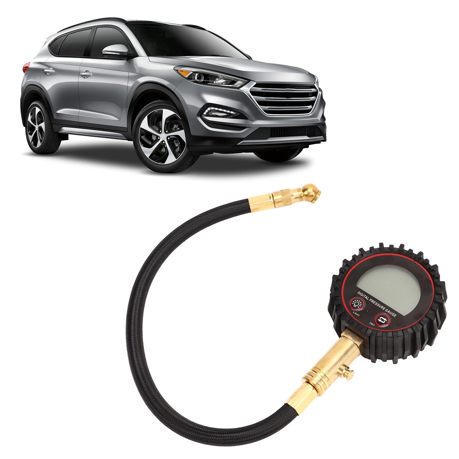 Manomètre Numérique de Pression de Pneu, Outil Pneumatique de Gonfleur de Pneu Robuste de 0 à 200 PSI Avec Tuyau Flexible et écran LCD Rétroéclairé pour Voiture, Camion, SUV, Moto