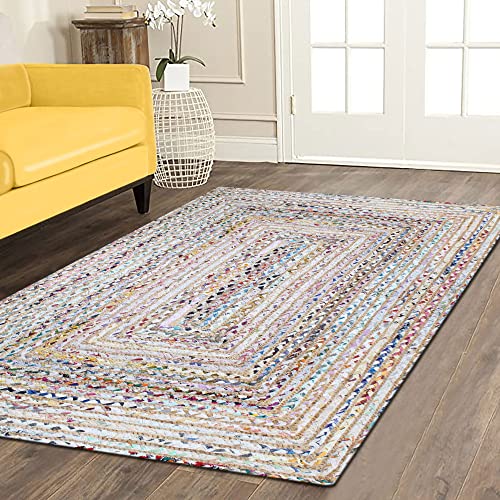 Casavani 100% Eco Friendly Multipurpose,Geometric Multicolor & Beige Chindi Cotton & Jute Rug Indoor Outdoor Use Carpet Best Uses For Bedroom & Balcony 9X12 Feet #TOP8