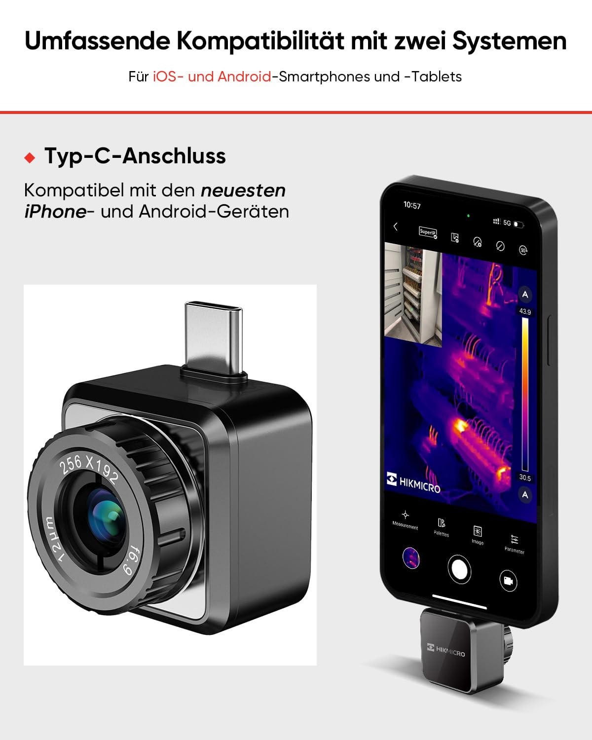 HIKMICRO Mini2Plus V2 Wärmebildkamera für USB-C iOS/Android, 256×192 IR-Auflösung, 512×384 SuperIR, einstellbares Fokus-Objektiv, für Smartphones/Tablets, unterstützt die neuesten iPhone-Modelle