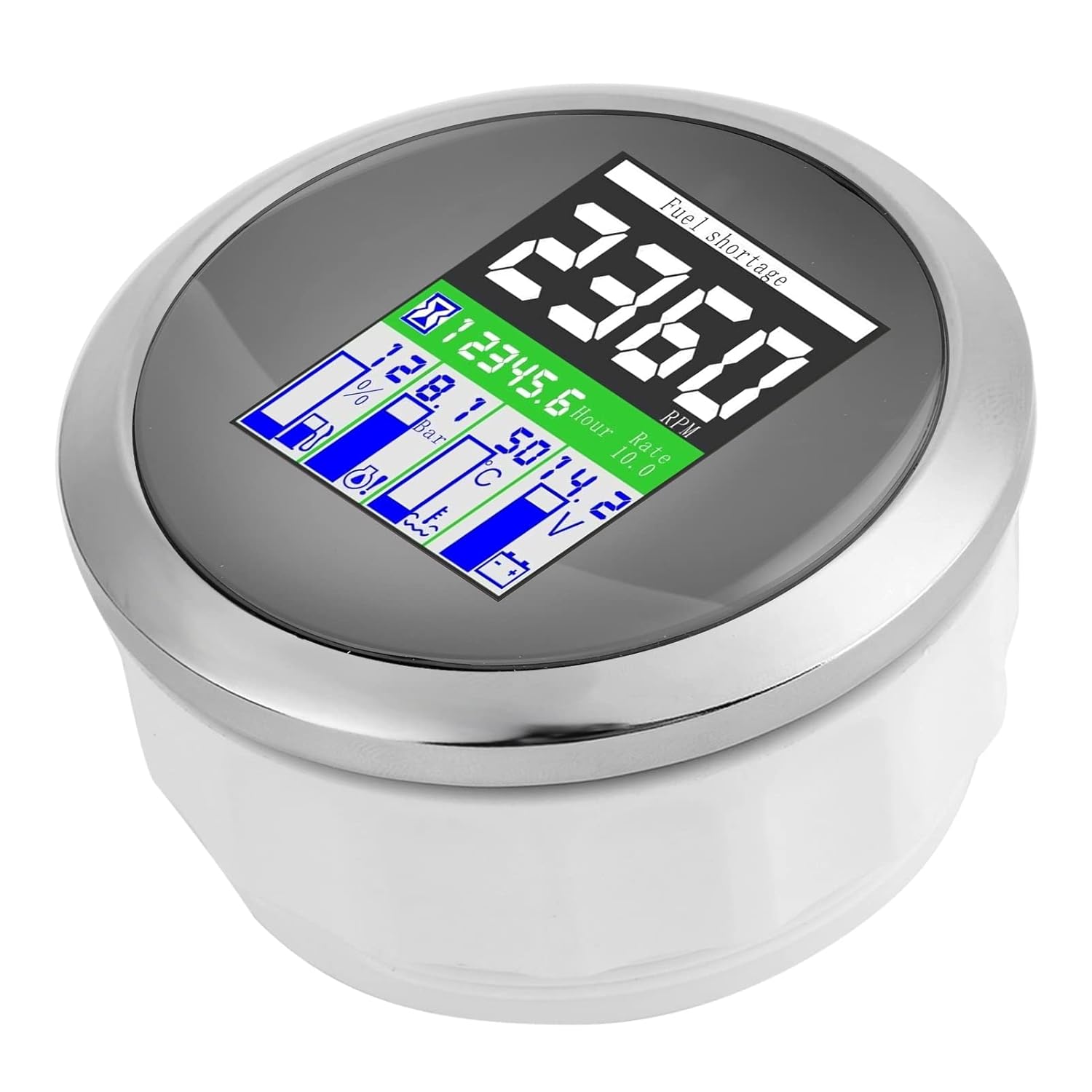Multifunction Gauge 85mm, Multifunction Digital Meter with RPM Temp Oil Pressure Fuel Level, High Accuracy Instrument for Car Outboard Motorcycle, IP67 Protection with S (White Dial)