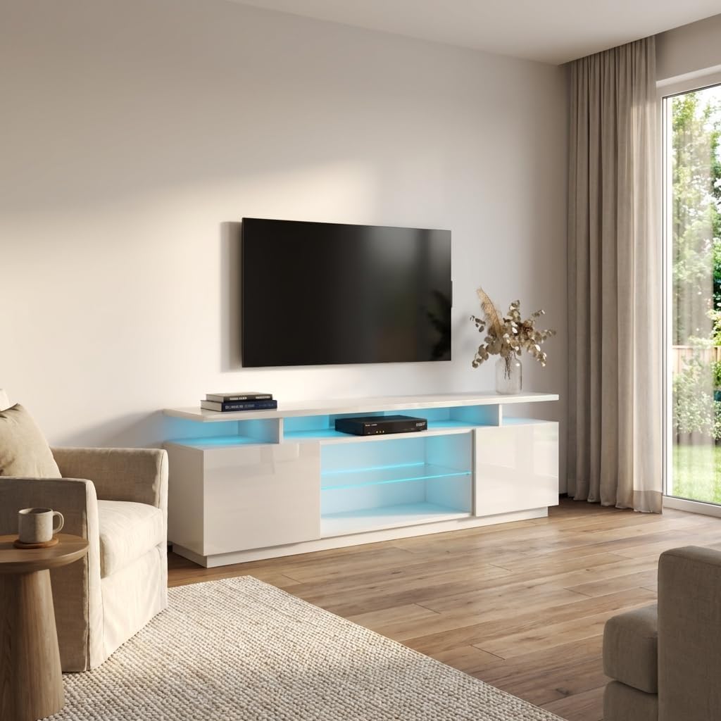 Meble Furniture Eva K Modern TV Stand — High Gloss Media Console with LED Lighting — Fits TVs up to 80", 70.9" W x 15.7" D x 20.5" H — White