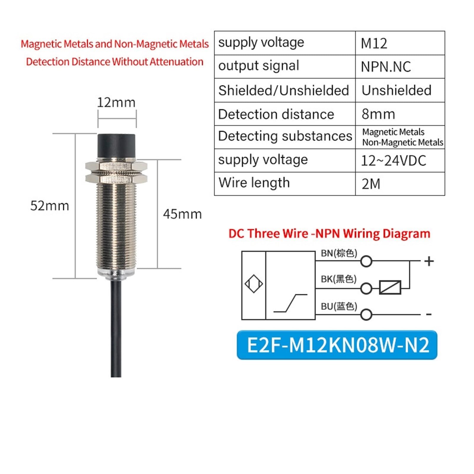 Sensor de Metales M12 Que detecta Cobre, Aluminio y Acero. Interruptor de proximidad Impermeable IP68. Tres Hilos, 24 V.(E2F-M12KN08W-N2)